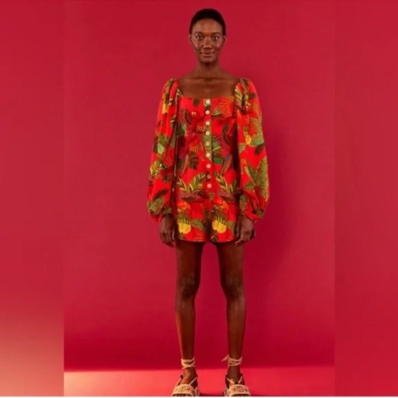 NWT Farm Rio Red Forest Birds Printed Square Long Sleeve Romper Women’s Size XS - Picture 4 of 8